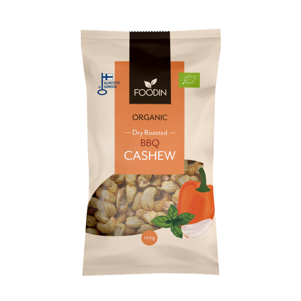 Foodin Organic BBQ Cashew by Foodin is a tasty organic snack featuring smoky cashews with red pepper and garlic in a beige 120g bag. The packaging displays symbols for organic certification and Finnish origin.