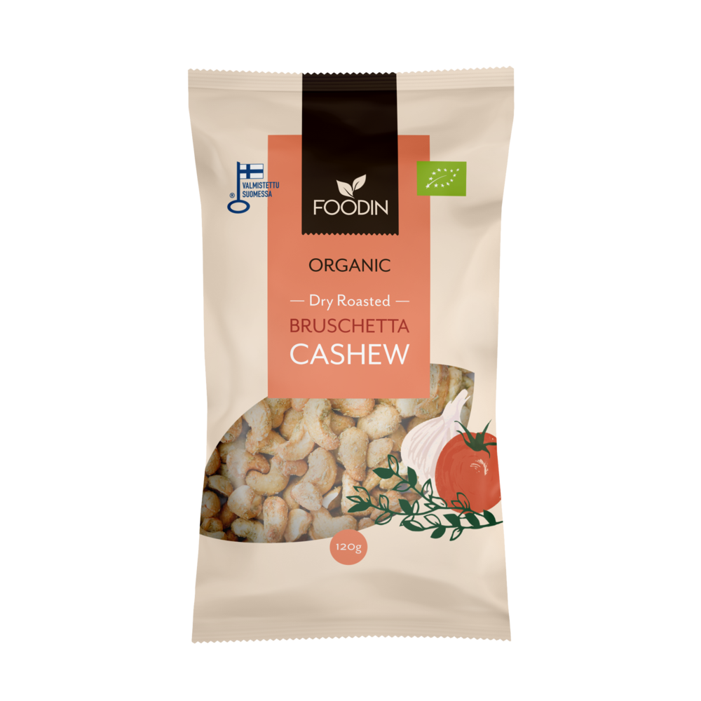 A beige and brown bag of Foodin Organic Bruschetta Cashew by Foodin, with organic roasted cashews flavored with tomato and herbs, green and blue certification logos, and 120 grams of healthy snack.