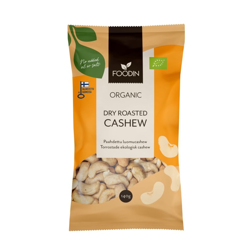 A 140g bag of Foodin Organic Dry Roasted Cashew with orange and beige packaging, showing cashew images and labels for no salt added, organic, and made in Finland.
