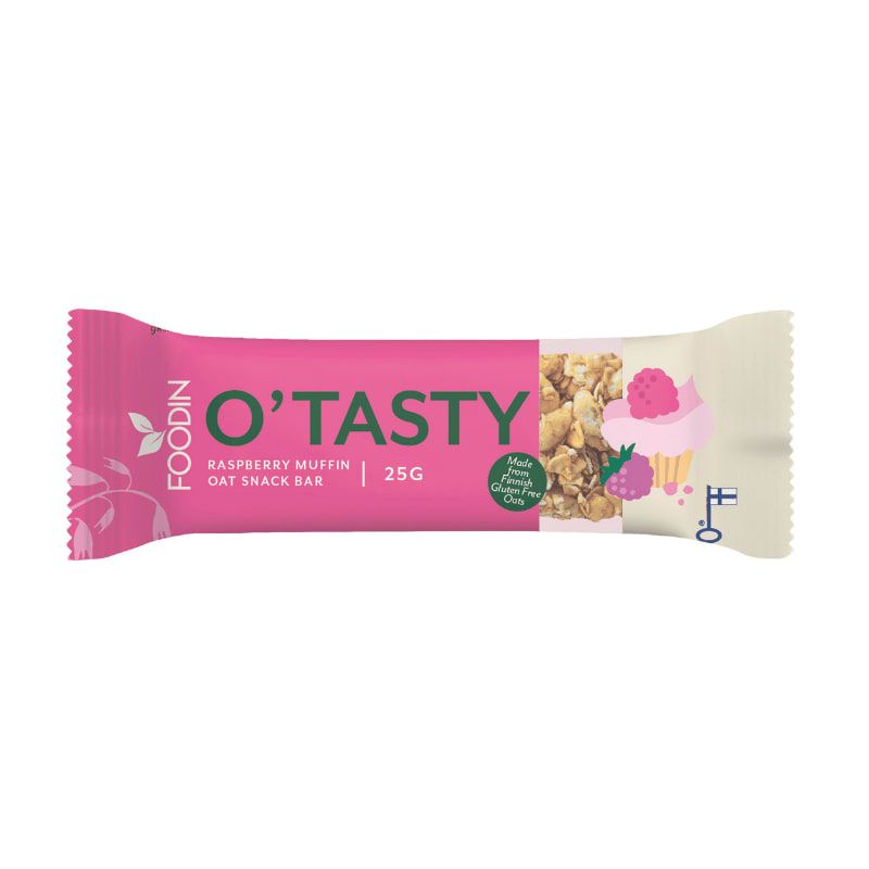 The Foodin O`Tasty Oat Bar Raspberry Muffin is a 25g gluten-free, plant-based snack in a pink and white wrapper with granola, raspberry, and muffin illustrations—ideal for a delicious on-the-go treat.