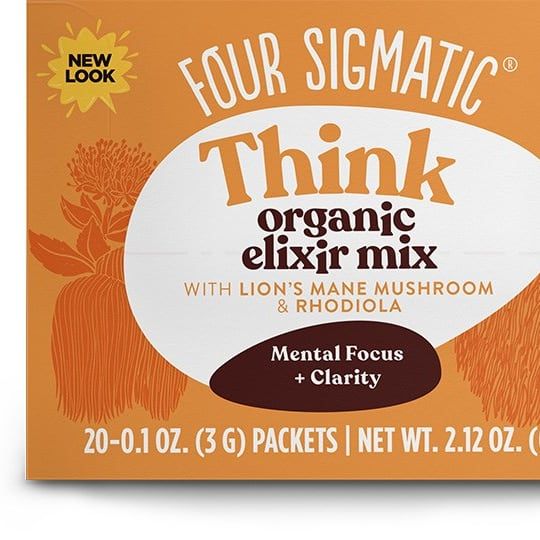Four Sigmatic Instant Lions Mane, a cognitive support elixir from Four Sigmatic, blends Lion’s Mane mushroom extract and Rhodiola to help with mental focus and clarity. The orange box displays botanical artwork and emphasizes Mental Focus + Clarity.