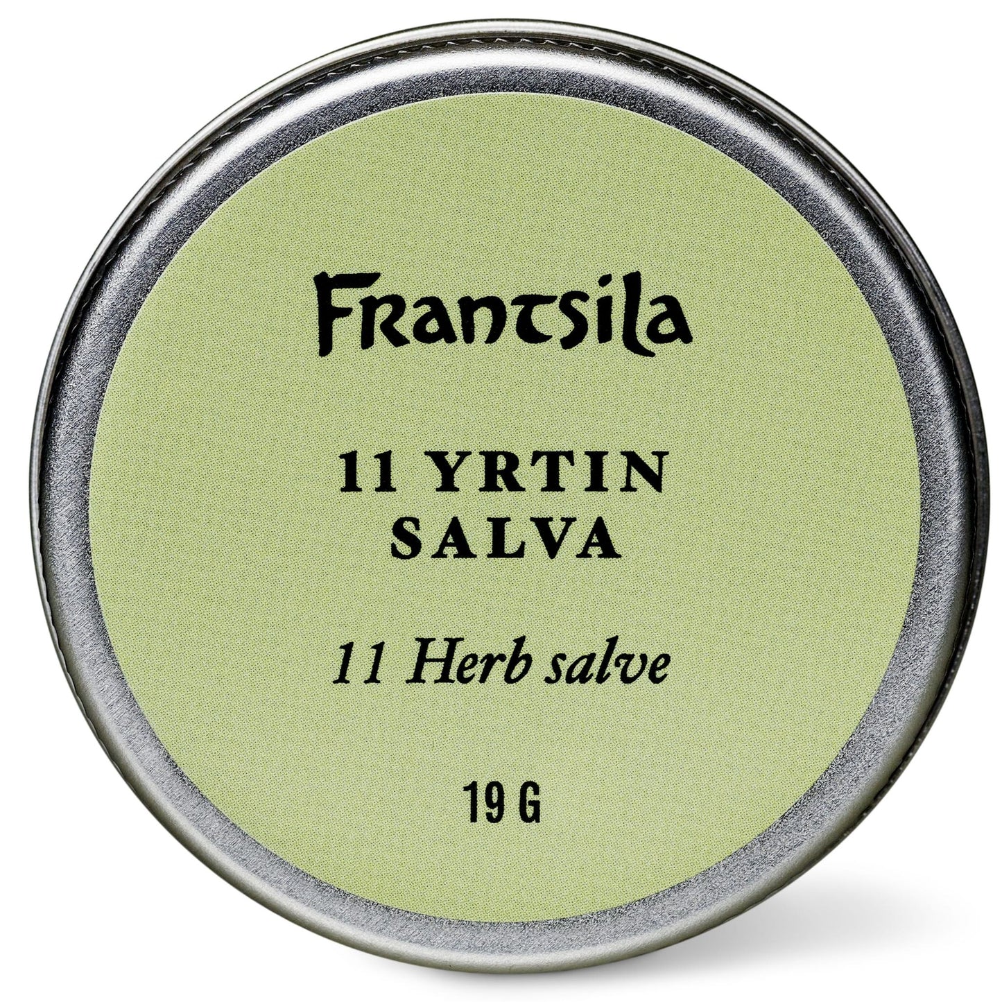 A round metal tin with a light green lid labeled "Frantsila 11 Herb Salve 19g" contains Frantsila's effective herbal salve for natural skin healing.