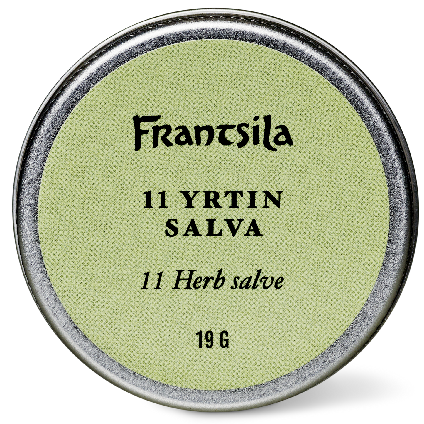 A round metal tin with a light green lid labeled "Frantsila 11 Herb Salve 19g" contains Frantsila's effective herbal salve for natural skin healing.