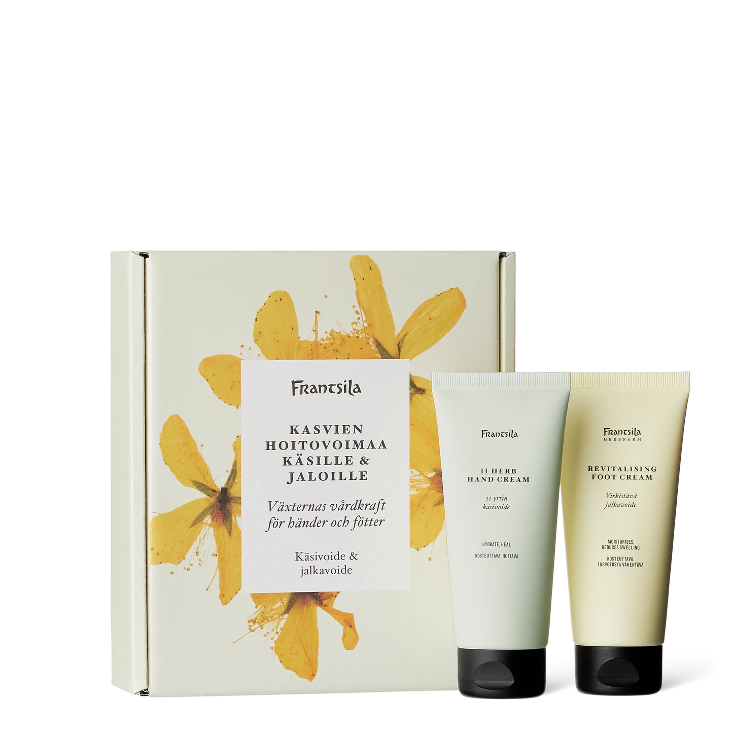 Frantsila Gift Set for Hands & Feets by Frantsila includes herb hand cream and revitalizing foot cream, displayed before a box with yellow watercolor flowers and Finnish text, featuring nourishing organic plant extracts.