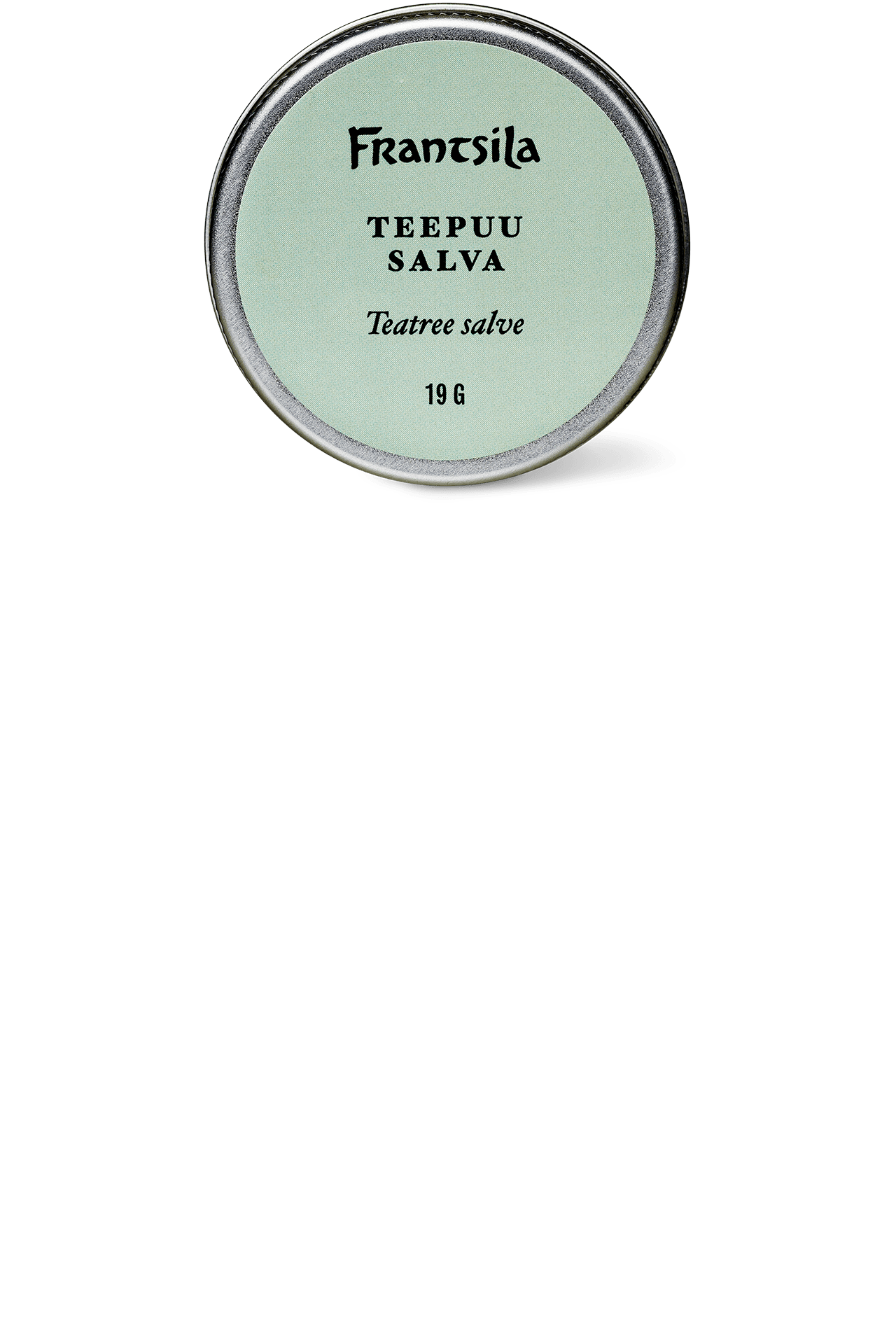 A round tin labeled Frantsila Tea Tree Salve (19g) with a light green lid is shown on a white background—an ideal option from Frantsila for natural antimicrobial skincare.