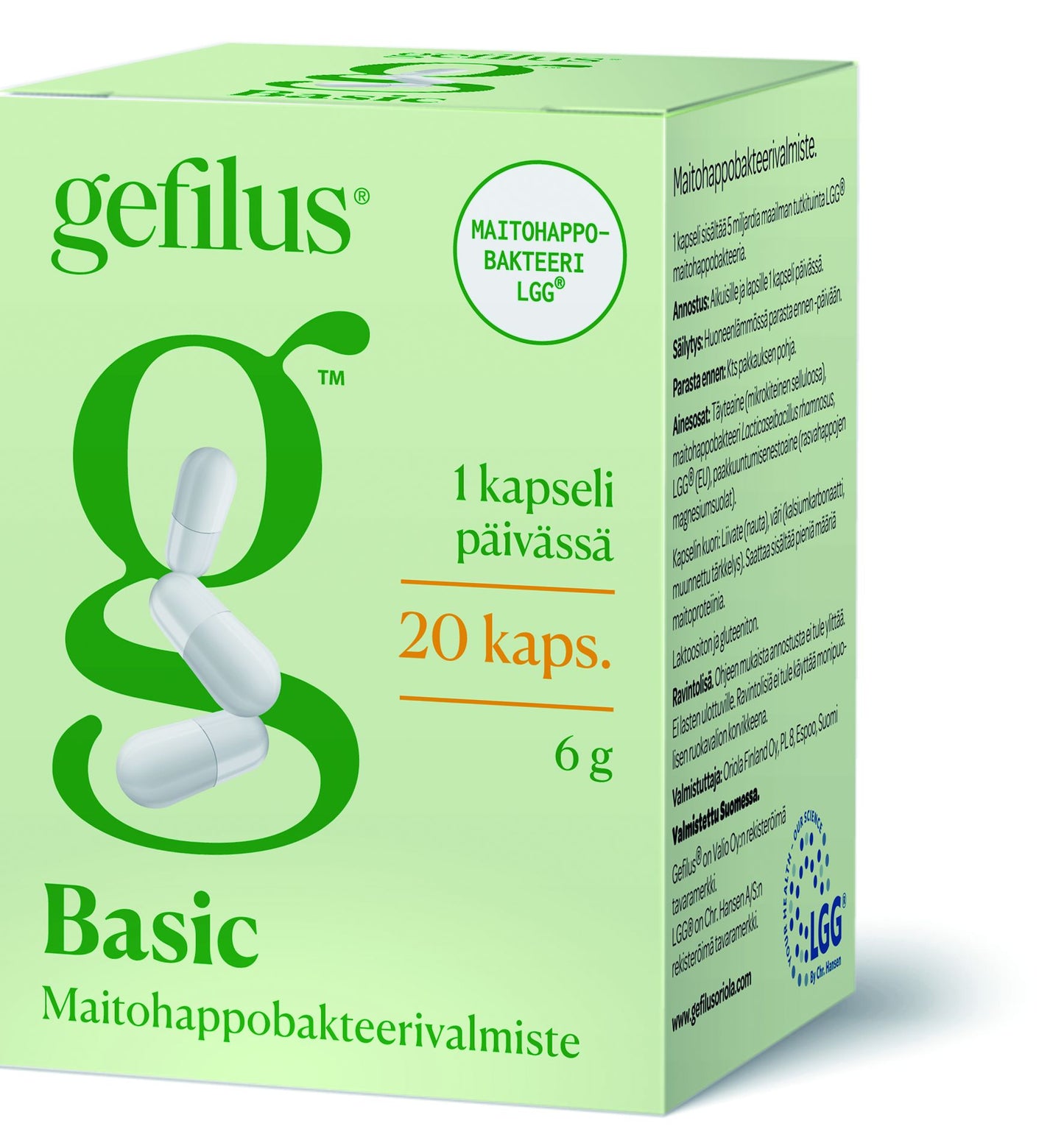 A green and white box of Gefilus Lactic Acid Basic gluten-free probiotic capsules by Gefilus, featuring a "g" with capsules, Finnish text, a Maitohappobakteeri LGG logo, and containing 20 daily probiotic capsules.