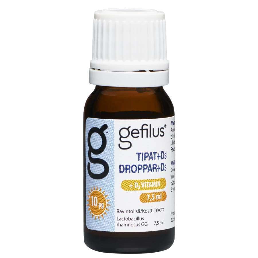 A small brown glass bottle labeled Gefilus Lactic Acid Liquid + Vitamin D with a white cap. The label highlights vitamin D3 (10 µg), 7.5 ml, and includes Lactobacillus GG probiotic drops. Brand: Gefilus.