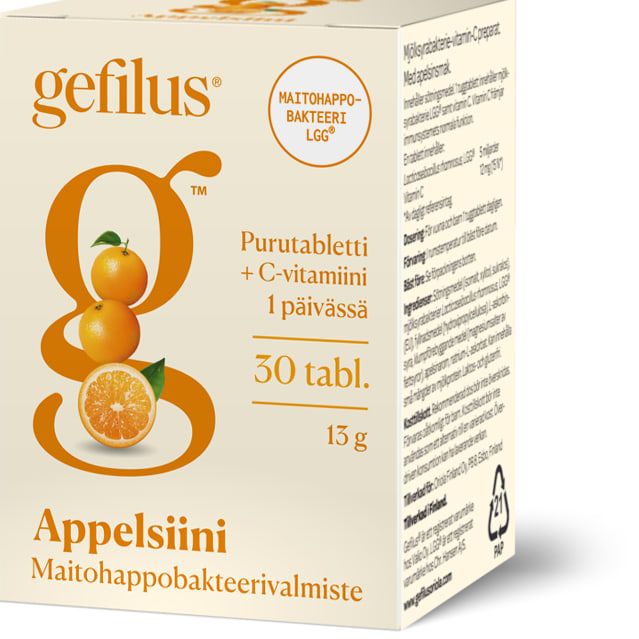 Una confezione di compresse masticabili probiotiche Gefilus Acido Lattico + Vitamina C all'arancia presenta immagini di arance sovrapposte e dettagli del prodotto finlandese su uno sfondo color crema, fornendo supporto immunitario. Marca: Gefilus.
