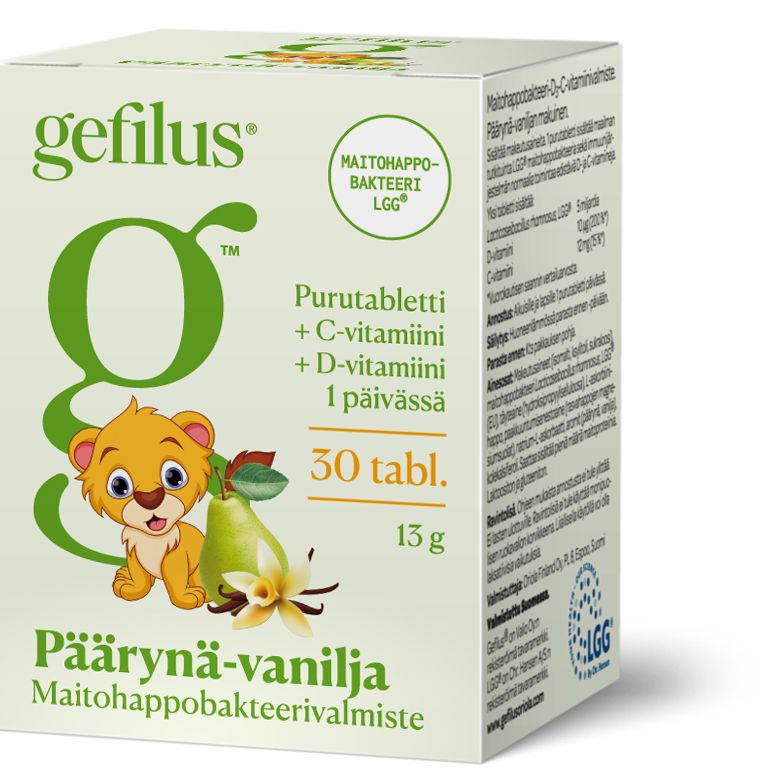 A box of Gefilus Lactic Acid + Vitamin D Pear chewable probiotic tablets for children, featuring a cartoon lion and highlighting immune support with vitamins C, D, and LGG lactic acid bacteria. Brand: Gefilus.