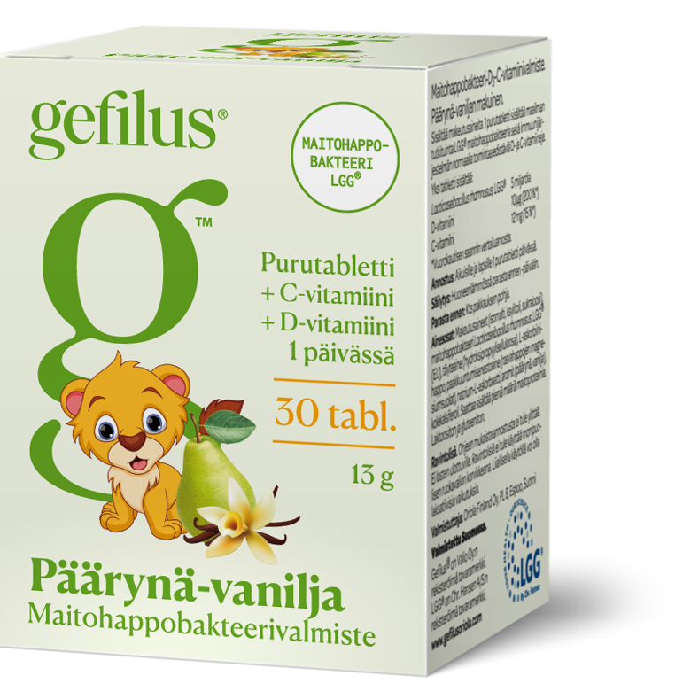 A box of Gefilus Lactic Acid + Vitamin D Pear chewable probiotic tablets for children, featuring a cartoon lion and highlighting immune support with vitamins C, D, and LGG lactic acid bacteria. Brand: Gefilus.