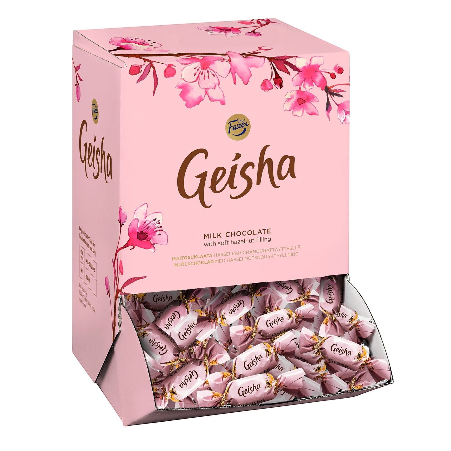 A pink Fazer Geisha Praline Big Box by Fazer, featuring floral designs, opens to reveal individually wrapped milk chocolates with soft hazelnut nougat filling. The pink wrappers add an elegant touch.