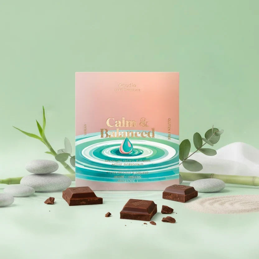 A square package of Caine & Balanced chocolate stands upright on a pale mint green surface with scattered dark chocolate pieces around it. The package has a soft peach-to-blue gradient with concentric ripple graphics and a small blue droplet in the center.