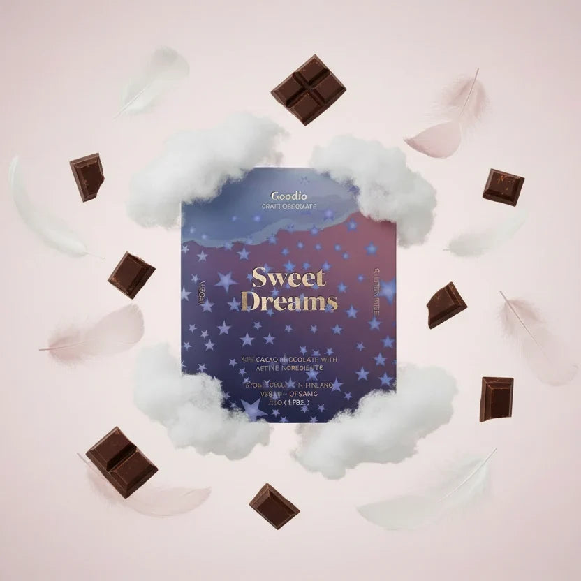 A square chocolate bar package labeled 'Goodio GOURMET CHOCOLAT' and 'Sweet Dreams' is centered on a pale pink background, surrounded by floating white clouds, feathers, and scattered chocolate chunks. The package has a blue-to-purple starry sky design.