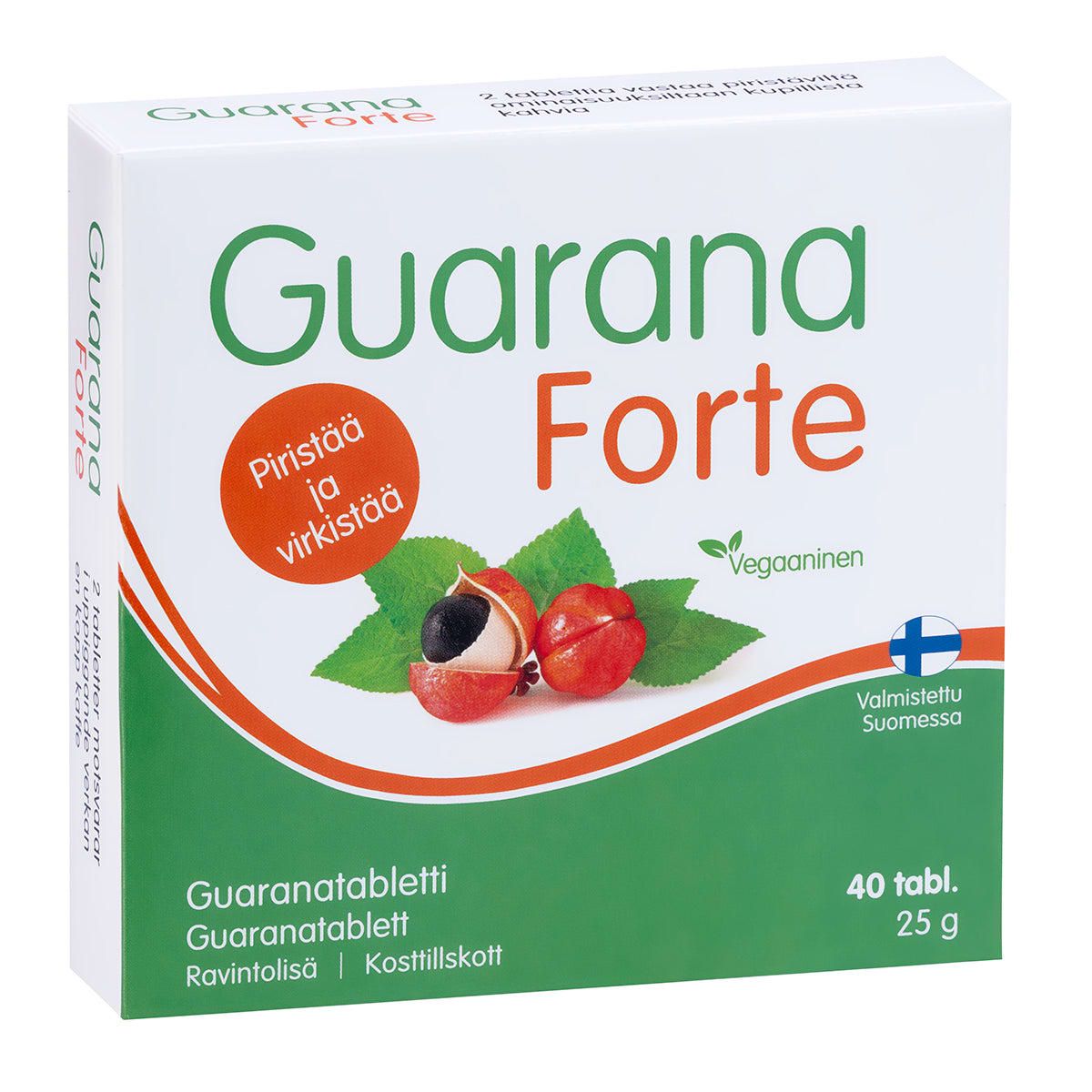 A Hankintatukku Guarana Forte box (40 tablets, 25g) features guarana fruit images, Finnish text, and a vegan symbol. It’s a vegan food supplement with guarana seed extract. A red circle says, “Piristää ja virkistää.”.