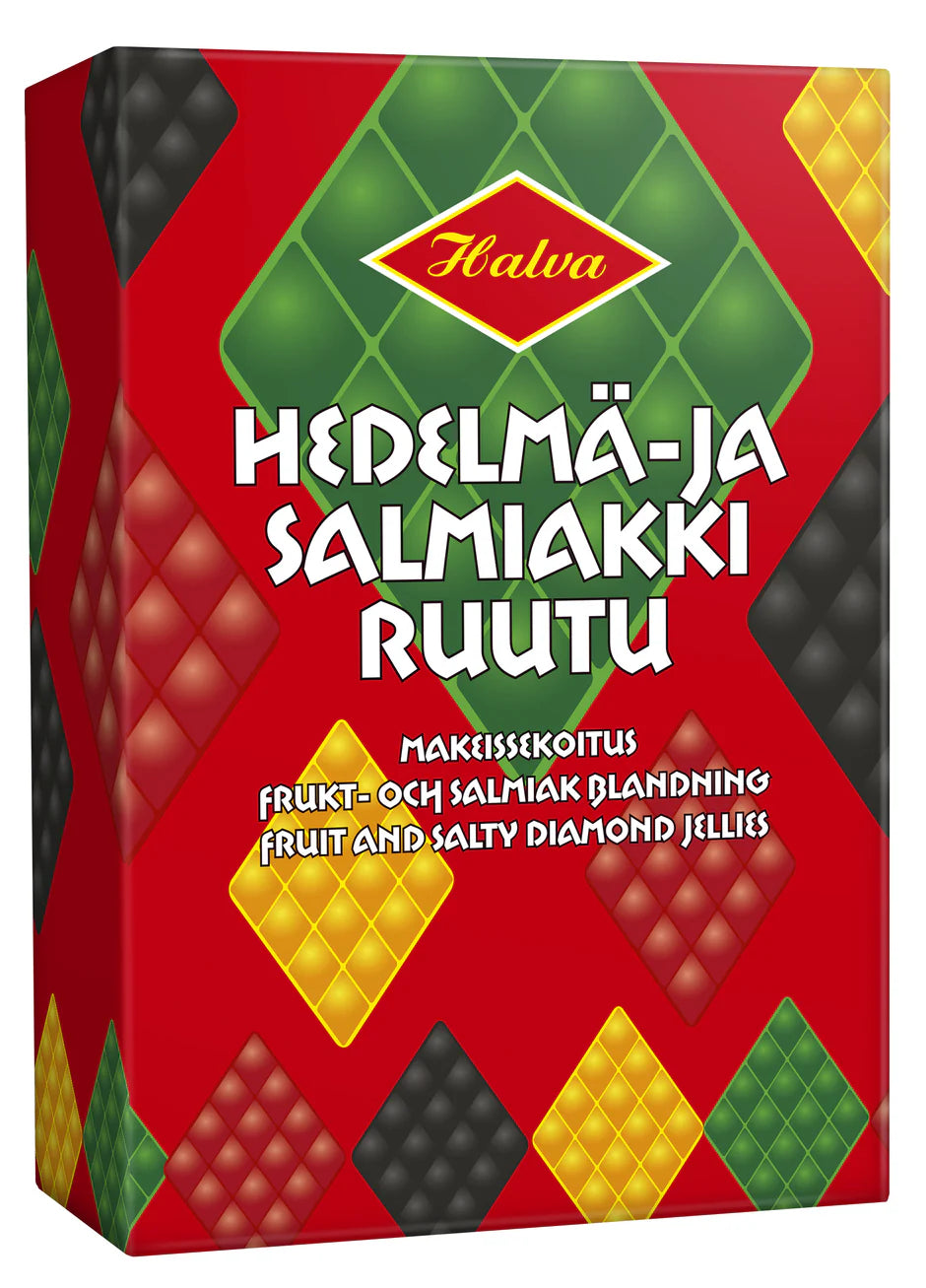 A red box of Halva Fruit & Salty Diamond Jellies by Halva, with diamond-shaped Nordic candies in green, yellow, red, and black on the packaging—classic fruit jellies and salty liquorice.