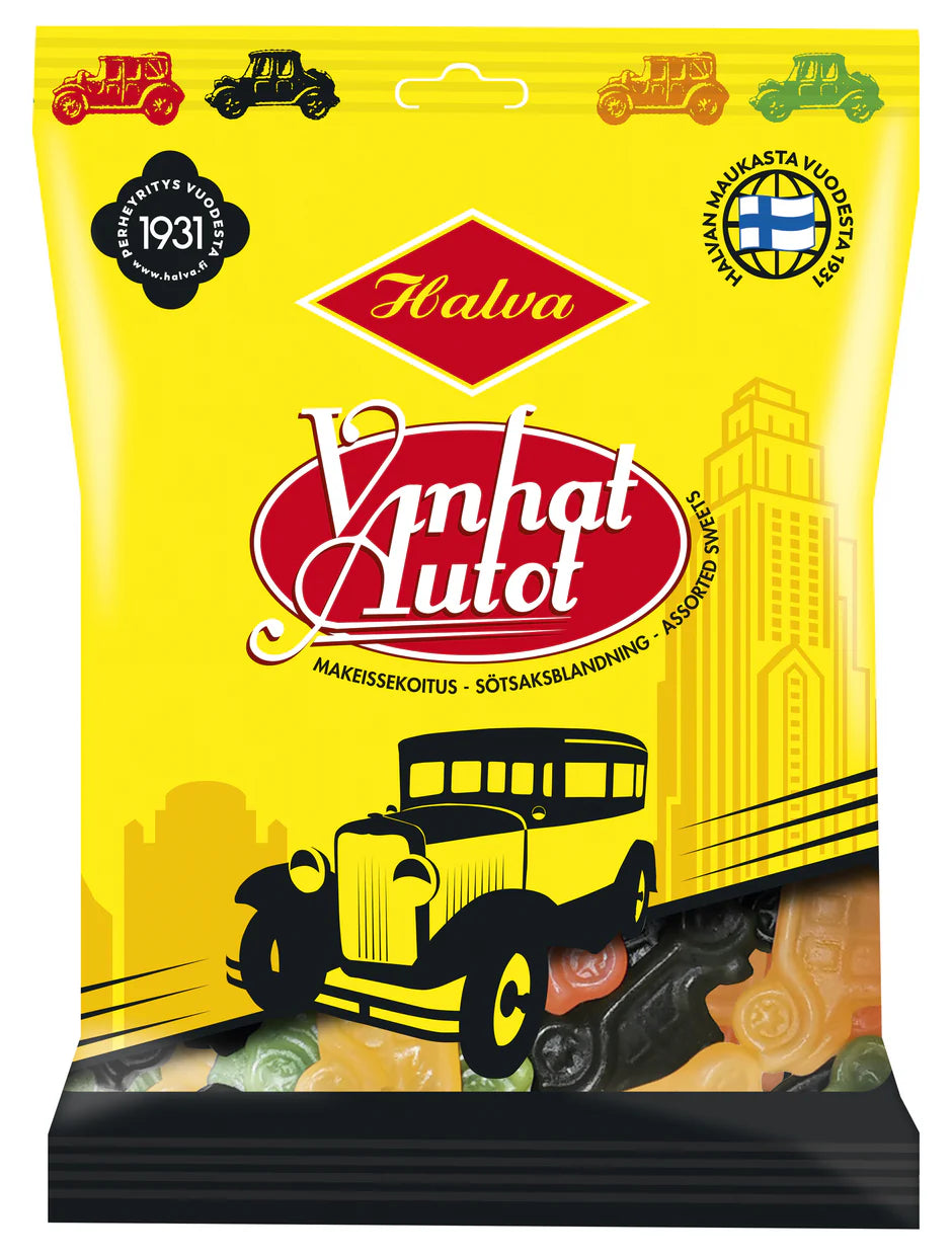A yellow bag of Halva Old Cars Assorted Sweets by Halva, featuring vintage car art, a black-and-yellow design, assorted car-shaped gummies, and packaging with Finnish salmiac references plus Finnish and Swedish text.