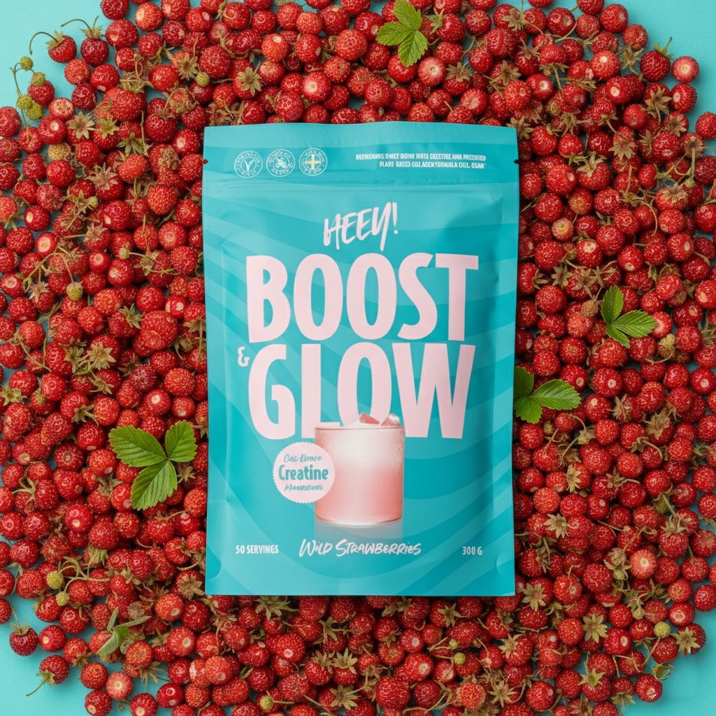 Blue package labeled 'HEEA! Boost & Glow' surrounded by red berries on a blue background