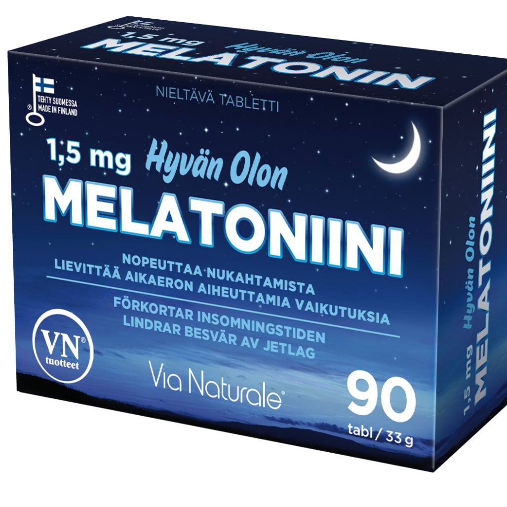 A blue box of Via Naturale Melatonin 1,5 mg features a crescent moon, stars, and night sky design. The packaging highlights its sleep aid benefits and contains 90 tablets from the Via Naturale brand.