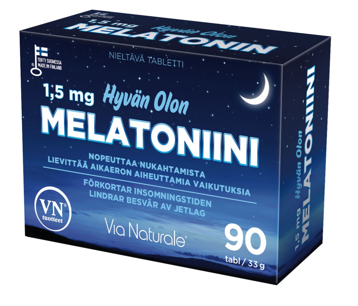 Die blaue Schachtel von Via Naturale Melatonin 1,5 mg ist mit einer Mondsichel, Sternen und einem Nachthimmel gestaltet. Die Verpackung hebt die schlaffördernden Eigenschaften hervor und enthält 90 Tabletten der Marke Via Naturale.