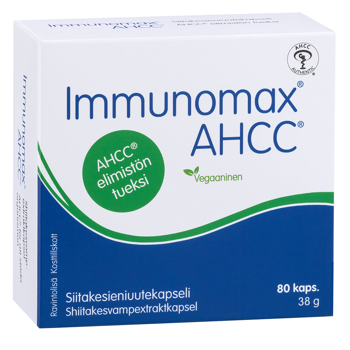 A box of Hankintatukku Immunomax AHCC contains 80 vegan capsules (38g) with shiitake mushroom extract and polysaccharides for immune support. The mainly white and blue packaging features Finnish text with green accents.