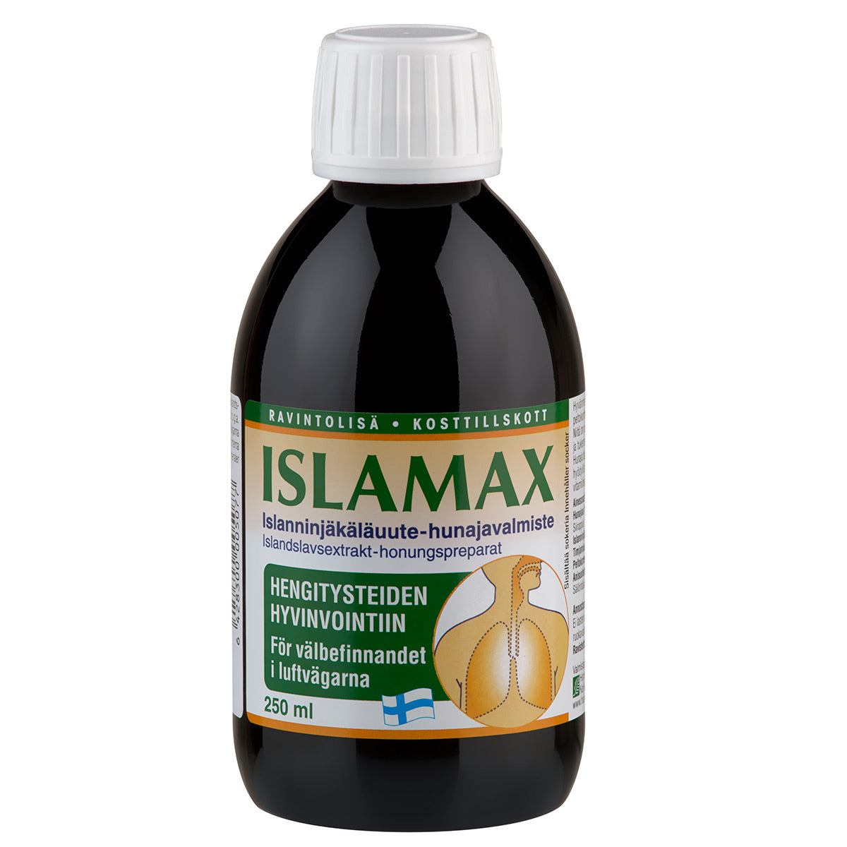 A dark brown 250 ml bottle with a white cap labeled "Islamax" in green, by Hankintatukku. The label features Finnish and Swedish text, a lung graphic, and Finnish flag—an Iceland lichen syrup supplement for respiratory wellbeing.