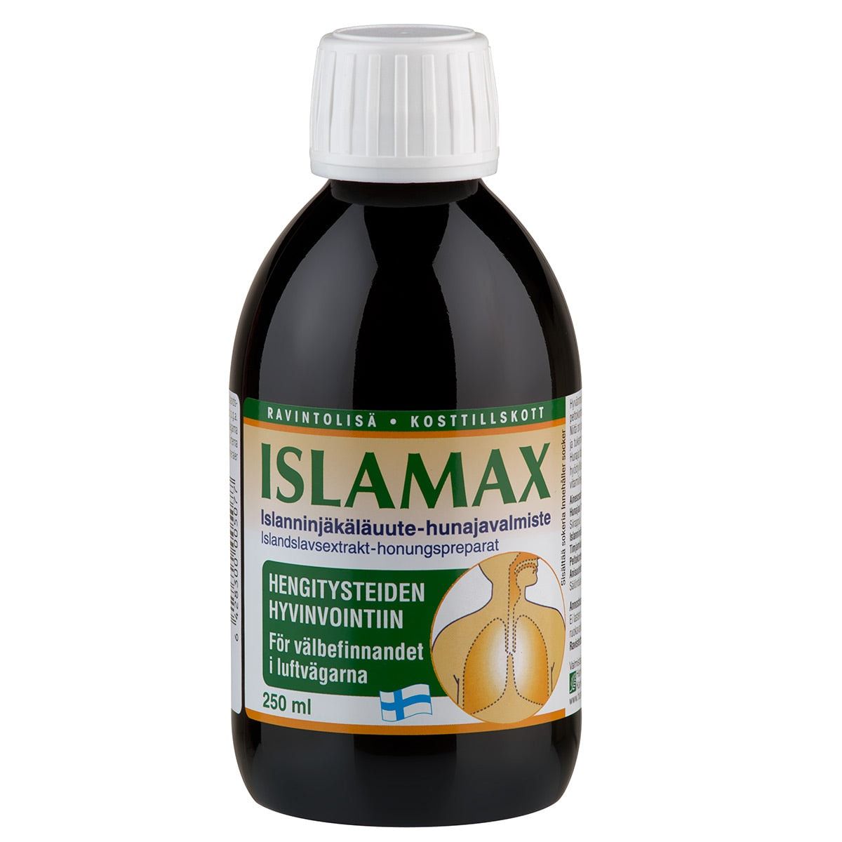 A dark brown 250 ml bottle with a white cap labeled "Islamax" in green, by Hankintatukku. The label features Finnish and Swedish text, a lung graphic, and Finnish flag—an Iceland lichen syrup supplement for respiratory wellbeing.