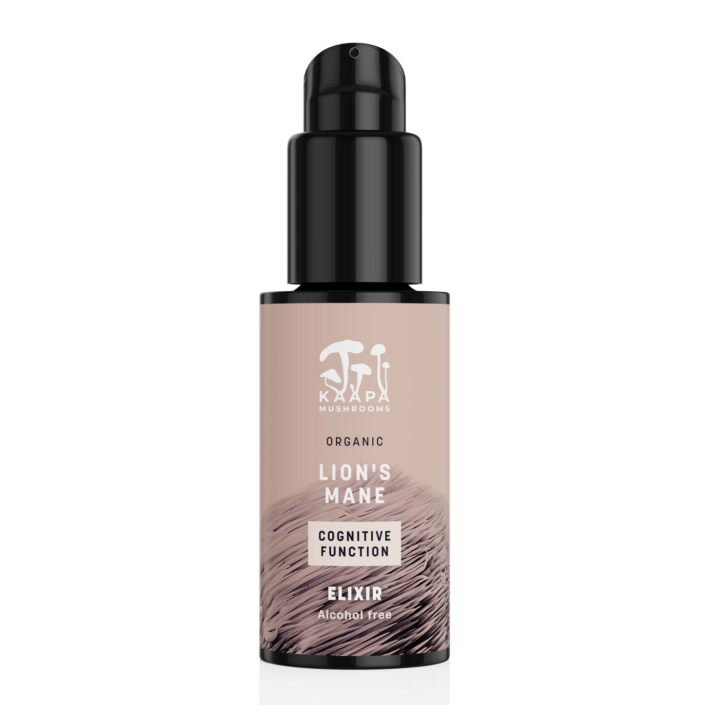A bottle of KÄÄPÄ Mushrooms Organic Lions Mane Elixir for cognitive support, with a black pump lid, beige label with white text, and a fur-like design. This organic elixir from KÄÄPÄ Mushrooms is alcohol-free.