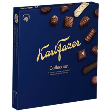 A blue box of Fazer Collection Pralines by Fazer, featuring assorted luxury chocolates with gold lettering, the brand logo, images of praline shapes, and a note on responsibly sourced cocoa.