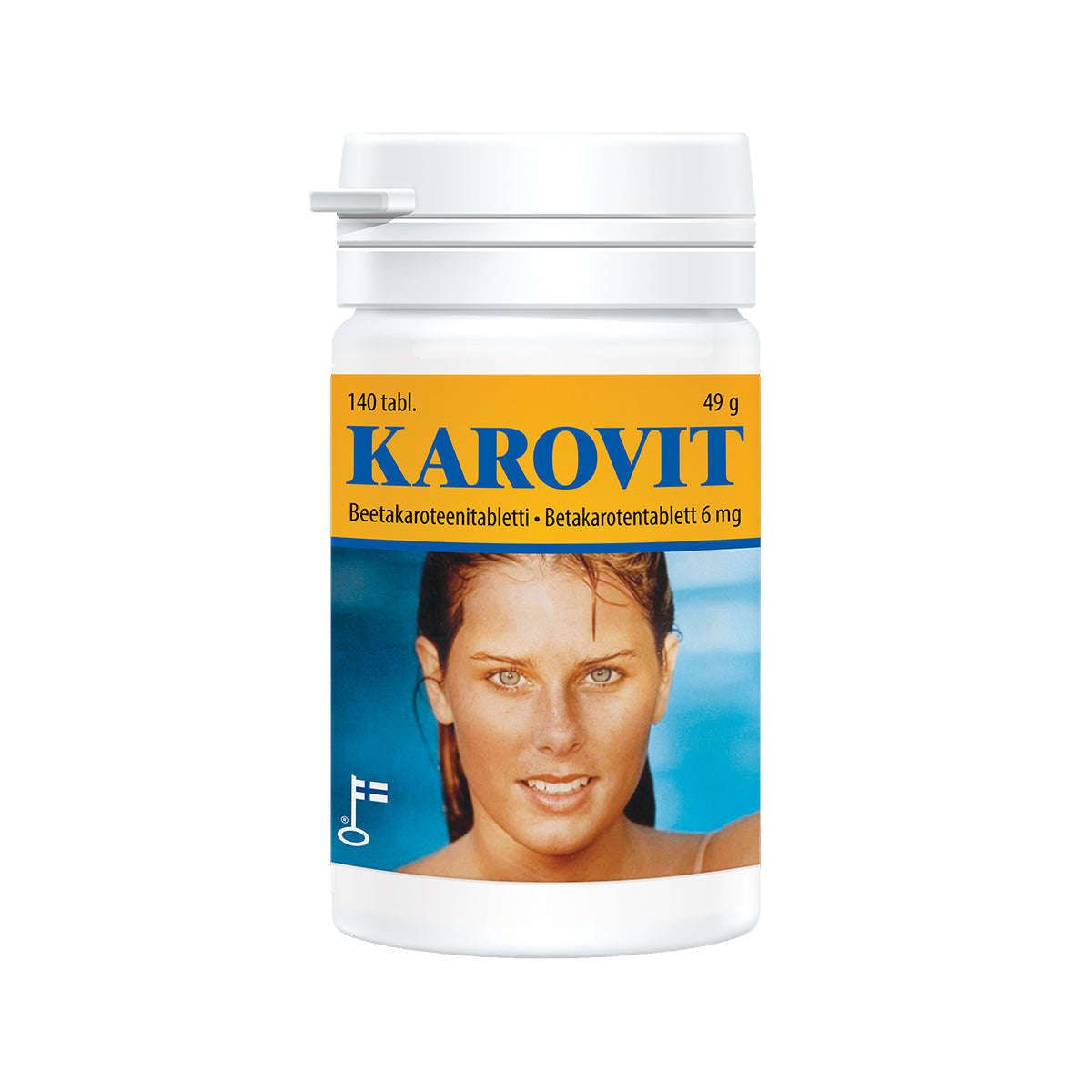 A white bottle labeled Karovit from Vitabalans, showing a woman swimming, contains 140 tablets (6 mg beta-carotene each) as a tanning supplement and vitamin A source; cap is closed. Net weight: 49g.