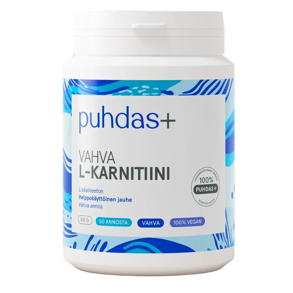 A white plastic supplement tub of puhdas+ Vahva L-Karnitiini with a blue and white label, set against a plain white background.