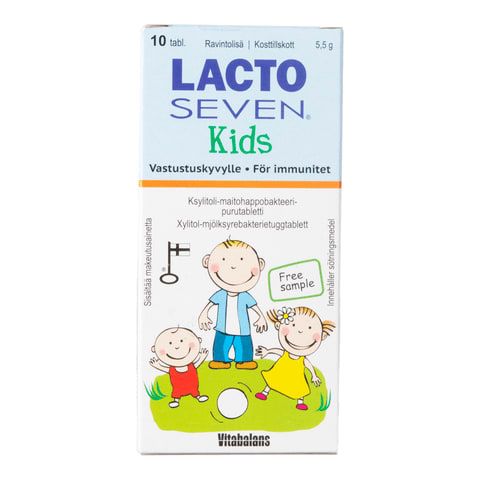 A box of Vitabalans Lacto Seven Kids supplement shows three smiling children and a cat, highlights immunity support with lactic acid bacteria, and is labeled as a free sample in Finnish, Swedish, and English.