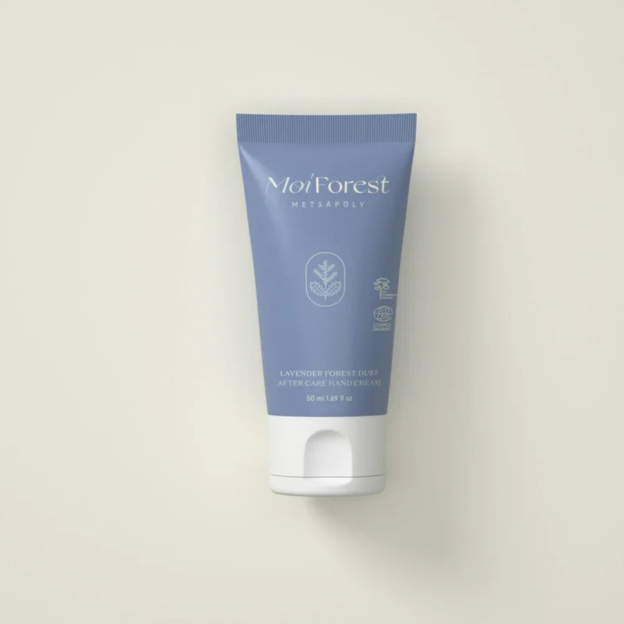 A 50ml squeeze tube of MoiForest Waterpolly Lavender Forest Dose Aftercare Cleanser, featuring a dusty lavender-blue body and a white cap, set against a solid off-white background.