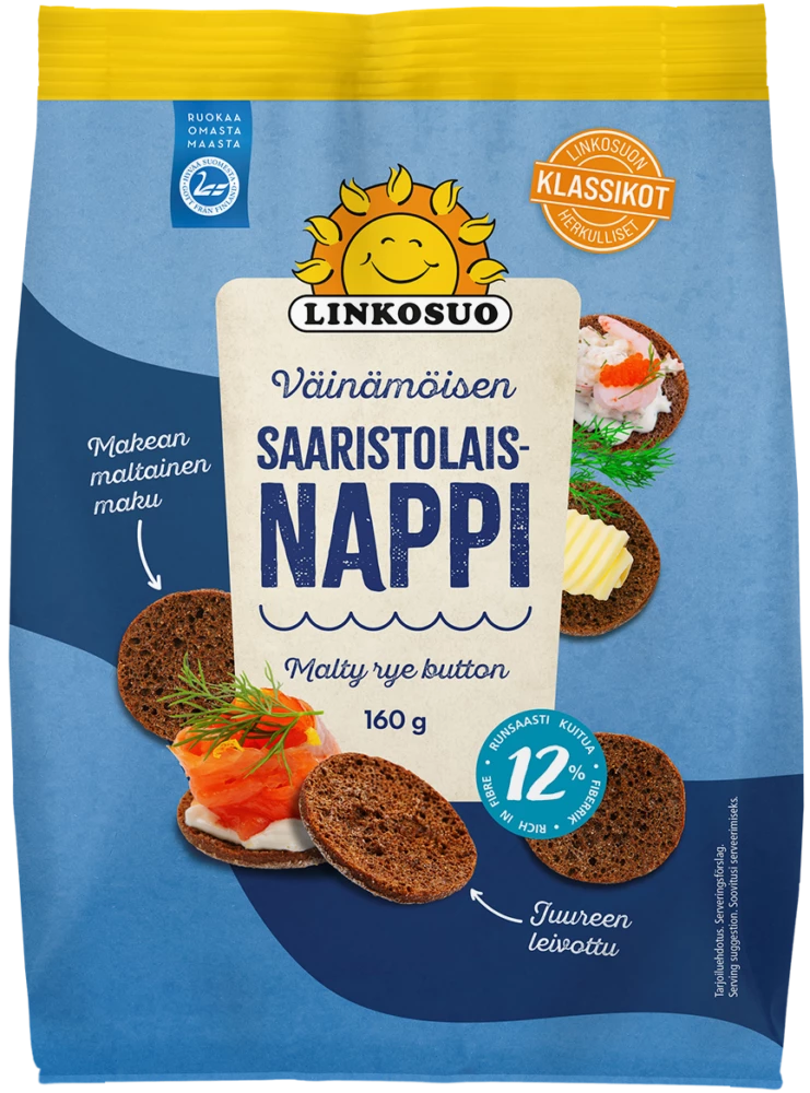 A blue and yellow pack of Linkosuo Malty Rye Button features Finnish wholegrain rye bread snacks topped with salmon, herbs, and butter. The packaging shows product details and the Linkosuo brand’s smiling sun logo.