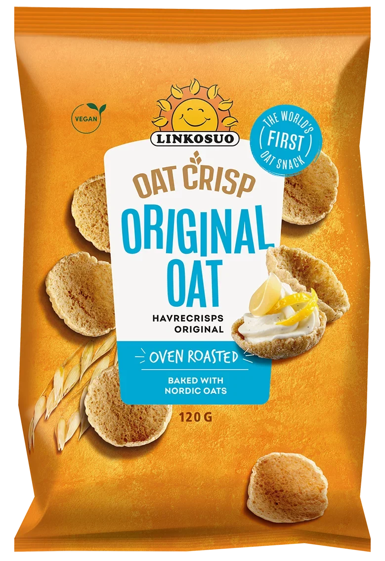 Linkosuo Original Oat Crisps by Linkosuo are round, oven-roasted vegan snacks made from Finnish oats. The packaging features oat stalks and crisps topped with cheese and herbs, highlighting them as a healthy snack choice.