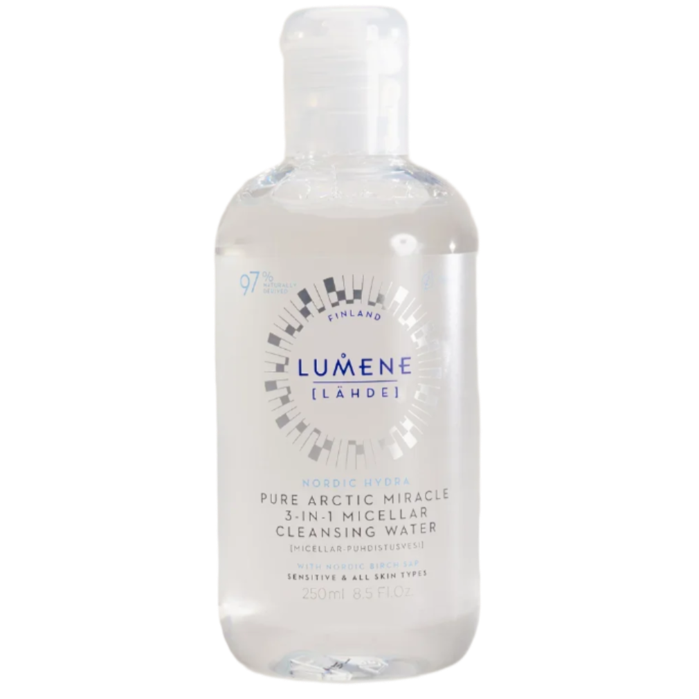 A clear plastic bottle of Lumene Nordic Hydra 3-in-1 Micellar Cleansing Water, 250ml, features blue and silver text on the front and is enriched with Nordic birch sap for sensitive skin.
