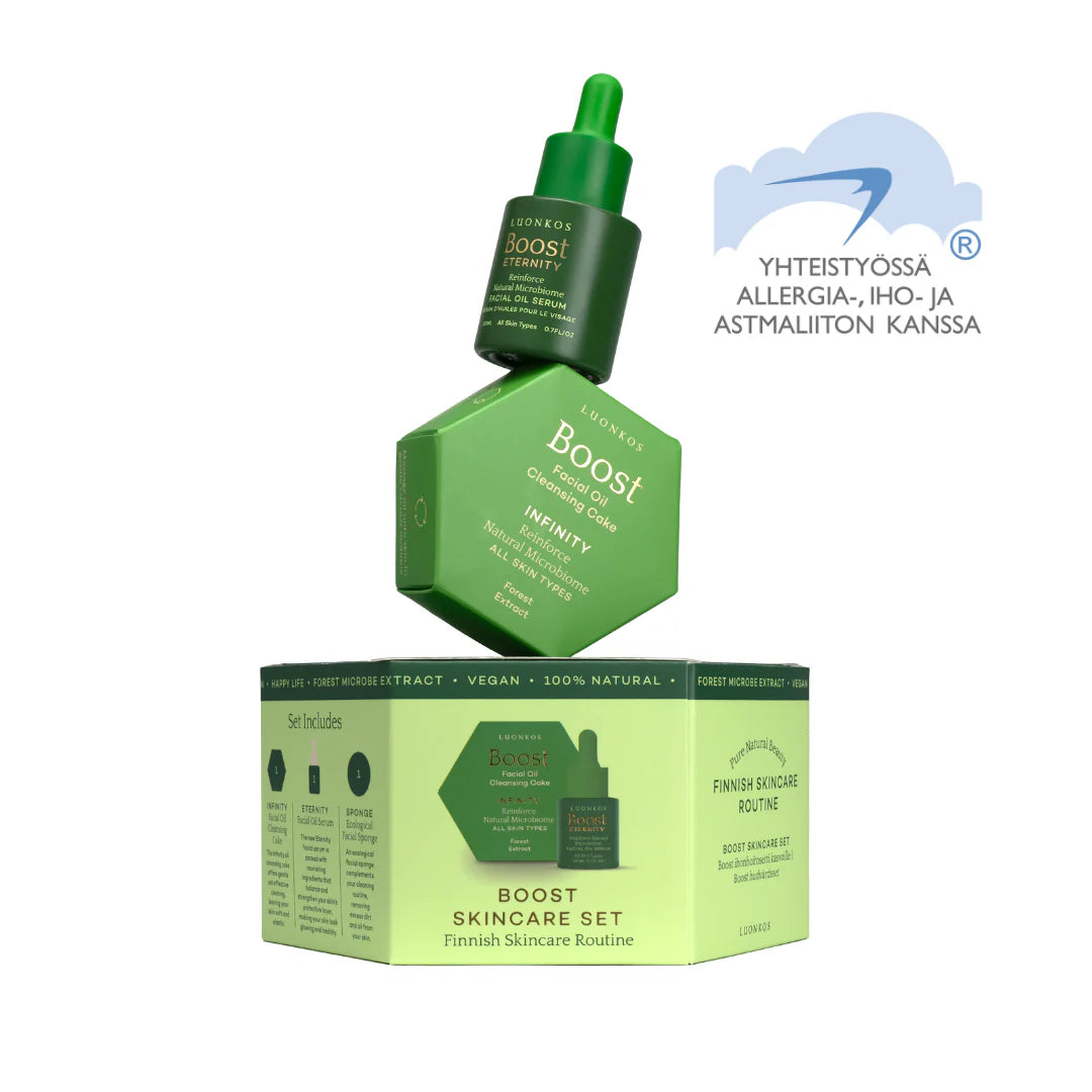 The Luonkos Boost Skincare Set by Luonkos comes in a green box with a dropper and uses Finnish forest microbes for natural facial care.