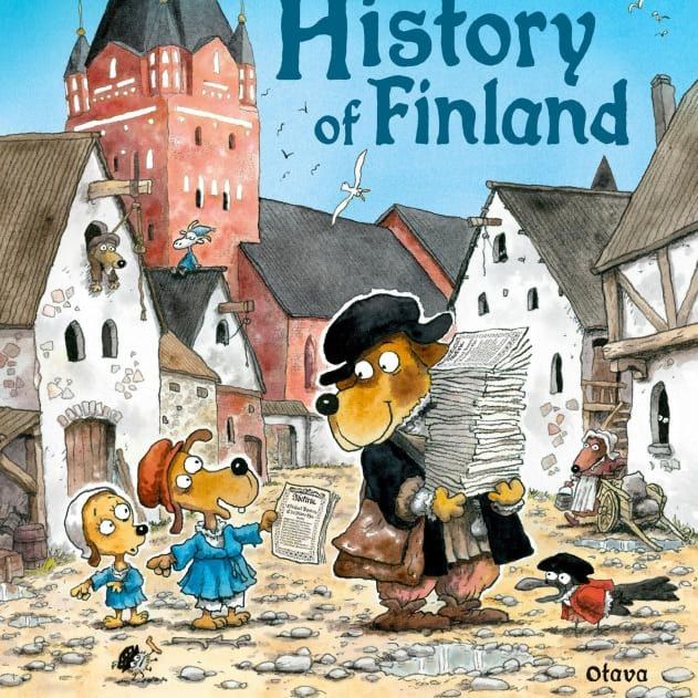 The book cover for Mauri Kunnas: A Doghill History of Finland (Otava) features beloved Doghill characters in old-fashioned attire, gathered in a medieval town square with churches and seagulls evoking Finland’s rich history.
