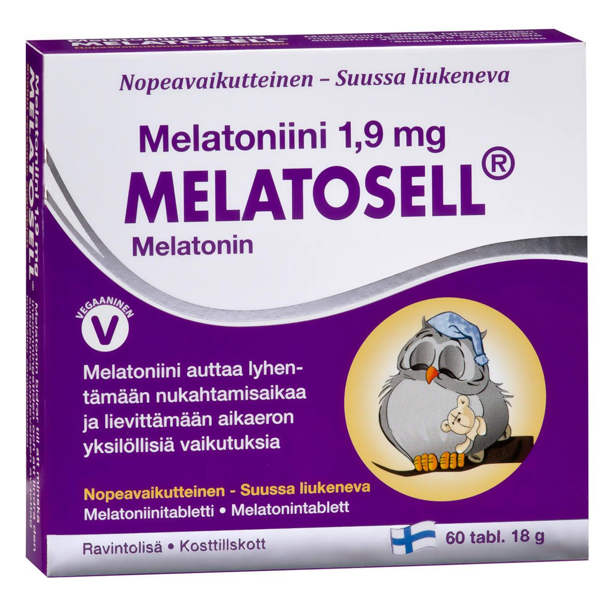A box of Hankintatukku Melatosell Melatonin 1,9 mg with Finnish and Swedish text, purple design, and an owl on a pillow. Contains 60 vegan tablets—perfect sleep aid or for jet lag relief.