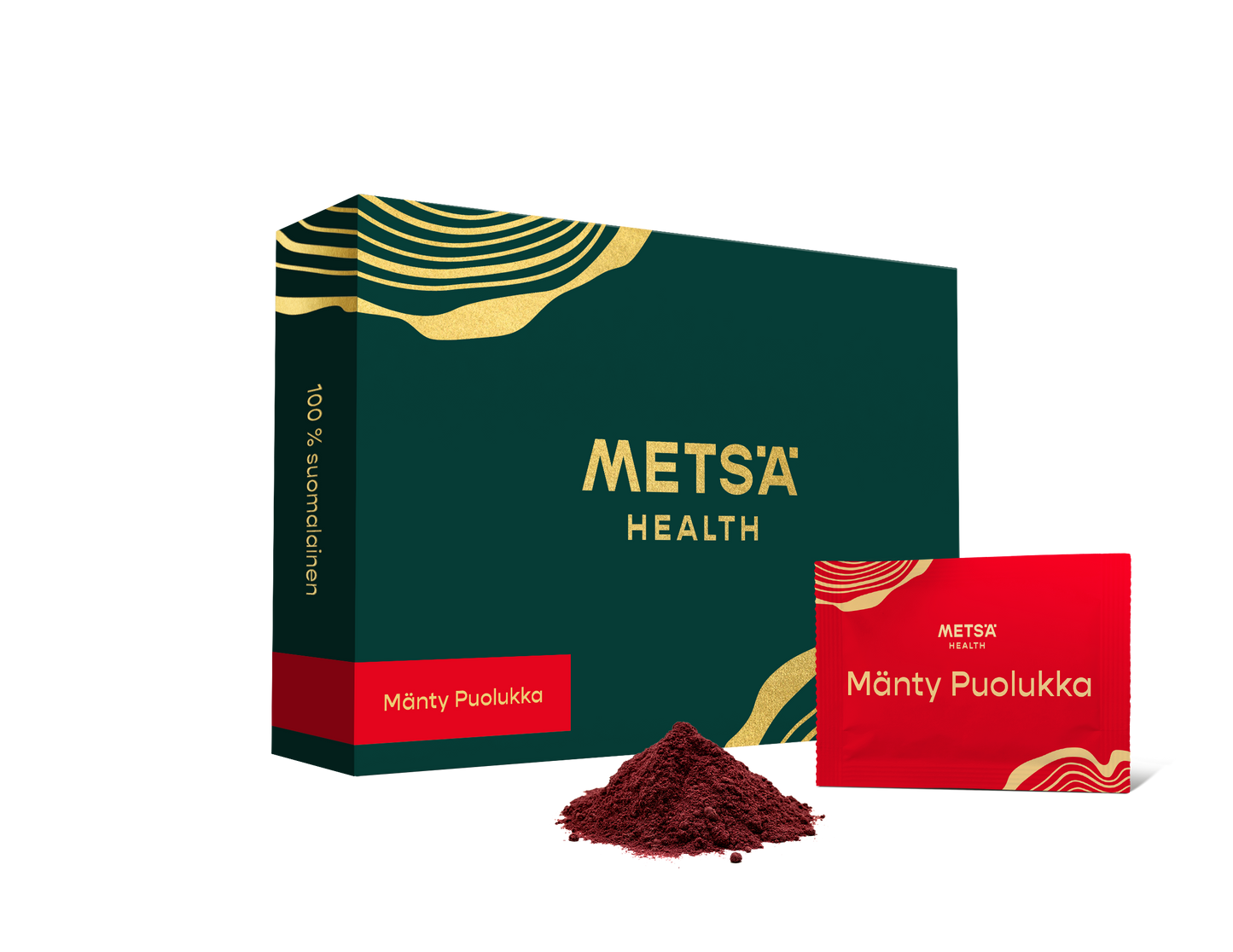 A green and gold Metsä Health box and a red sachet of Metsä Health Pine Lingonberry are displayed with reddish powder, highlighting natural supplements with lingonberry extract, set against a plain white background.