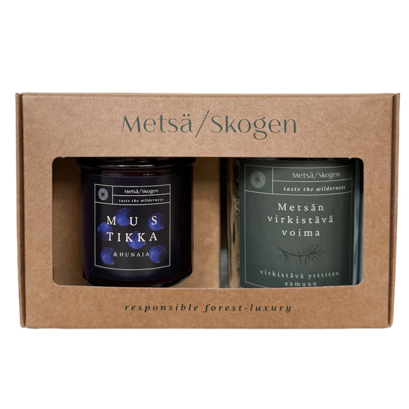 The Metsä/Skogen Forest Herbal Tea & Bilberry Honey Gift Set includes a jar of Bilberry Honey Blend and herbal tea in a brown box, featuring minimalist Nordic design and elegant forest-inspired branding.
