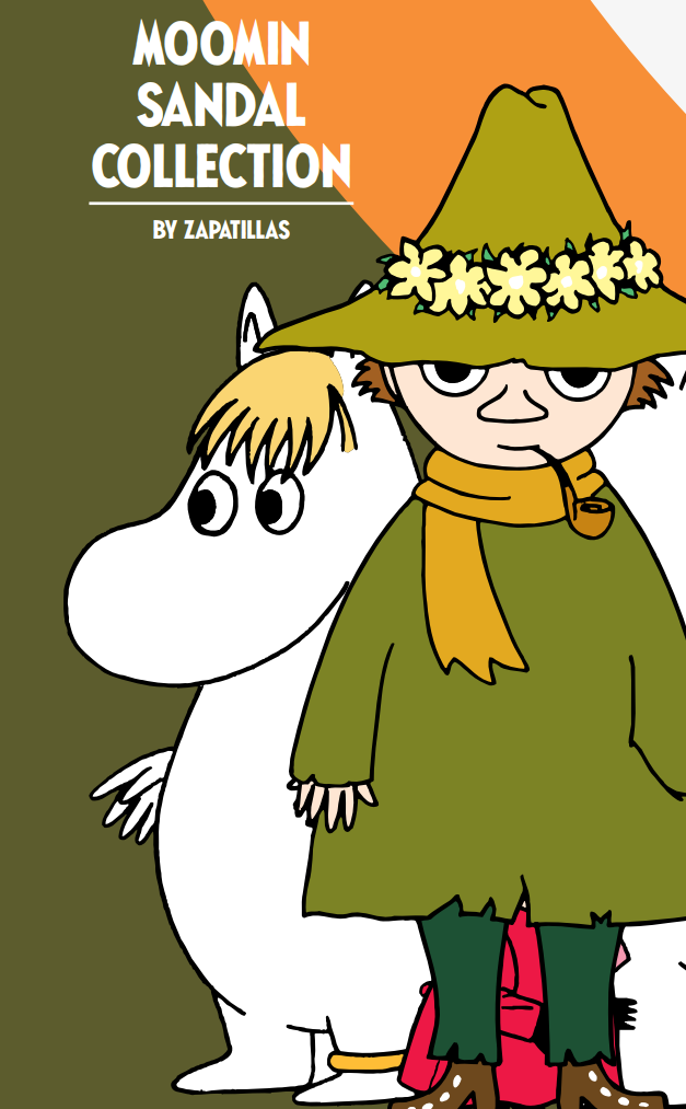 Illustration of two Moomin characters: a white, hippo-like figure and one in a green coat with a floral hat. Text reads Moomin Felt Slippers Snorkmaiden by Zapatillas—discover sustainable, charming footwear.
