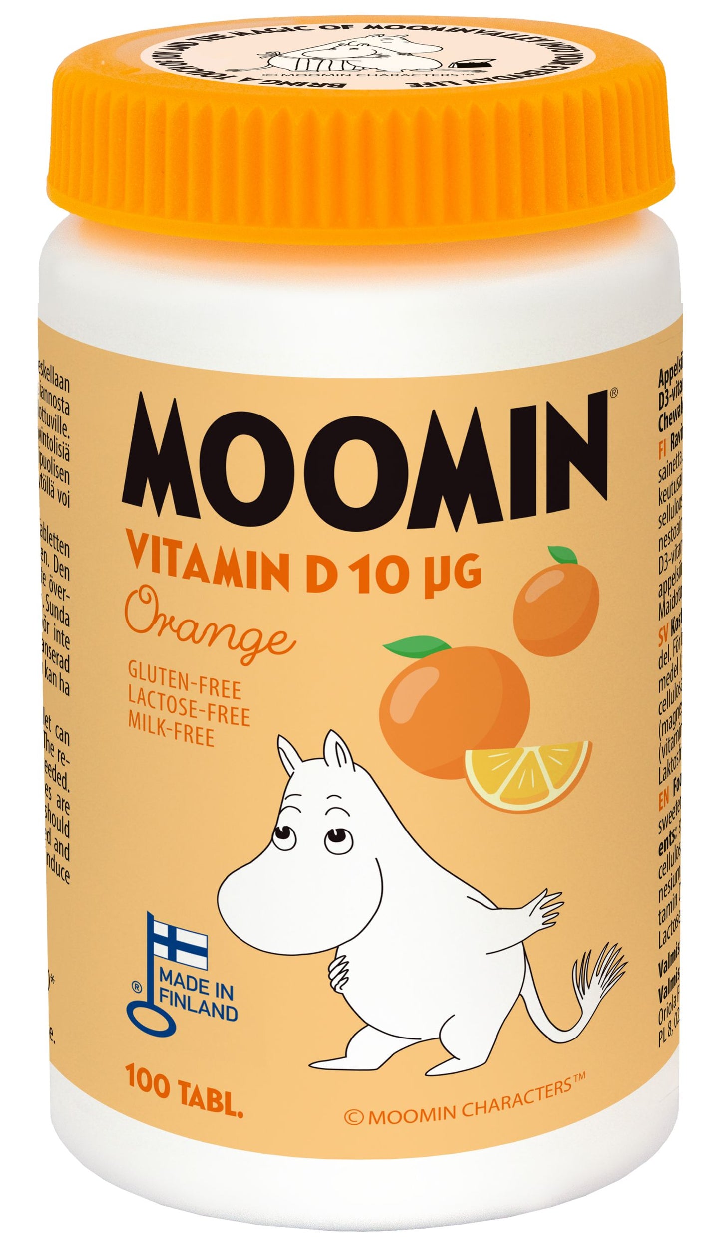 Moomin vitamin D supplement jar with orange lid and cartoon character on a beige background