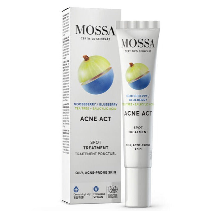 Mossa Acne Act Spot Treatment is for oily, acne-prone skin and contains gooseberry, blueberry extracts, tea tree oil, and salicylic acid. Packaging features vegan and dermatologically tested symbols. Supplied in a tube and box.