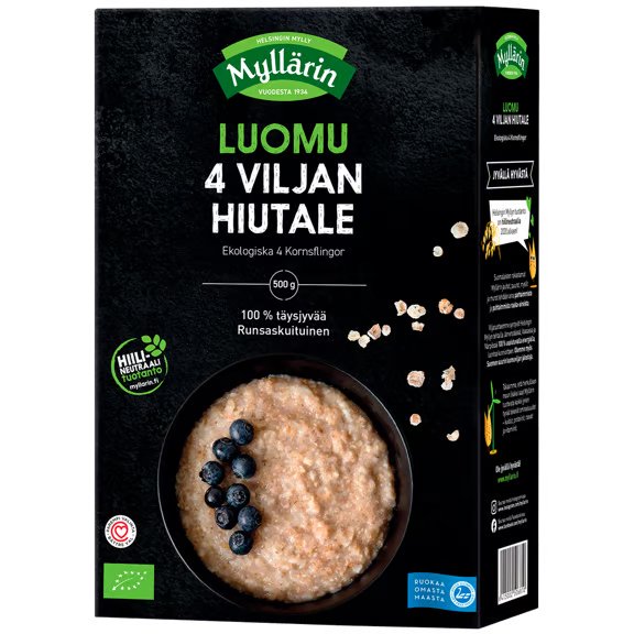 A black box of Myllärin Organic 4-Grain Flakes shows a bowl of high-fiber porridge with blueberries. Finnish and Swedish text highlight that it’s organic, made from Finnish whole grains, and rich in fiber.