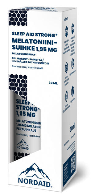 A 30 ml white and blue box of Nordaid Sleep Aid Strong Melatonin Spray 1.95 mg, labeled in English and Finnish, shows dosage info and product icons—ideal for sleep aid or jet lag relief.