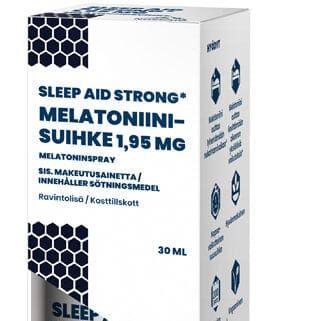 Een witte en blauwe doos van 30 ml Nordaid Sleep Aid Strong Melatonin Spray 1,95 mg, met etiketten in het Engels en Fins, bevat doseringsinformatie en productpictogrammen – ideaal als slaapmiddel of om jetlag te verlichten.