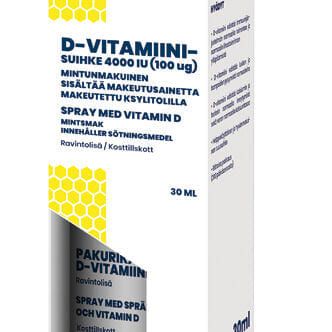 A white and blue box of Nordaid Vitamin D Spray 100 µg (4000 IU), 30 ml, features honeycomb graphics and Finnish, Swedish, and English text. This convenient oral spray by Nordaid offers highly absorbable vitamin D supplementation.