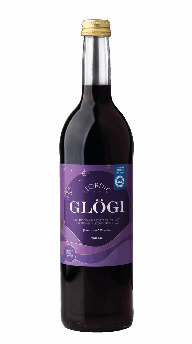 A bottle of Poikain Parhaat Nordic Berries More Nordic Glögg features a gold cap and a purple label with white and blue accents, snowflakes, and text. The alcohol-free drink inside is a dark red Finnish berry juice beverage.