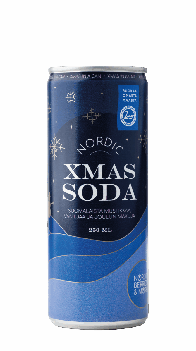 A blue 250ml can of Poikain Parhaat Nordic Berries & More Xmas Soda, decorated with snowflakes and stars, features Finnish and English text highlighting Finnish berry juice, vanilla, and classic Christmas flavors.