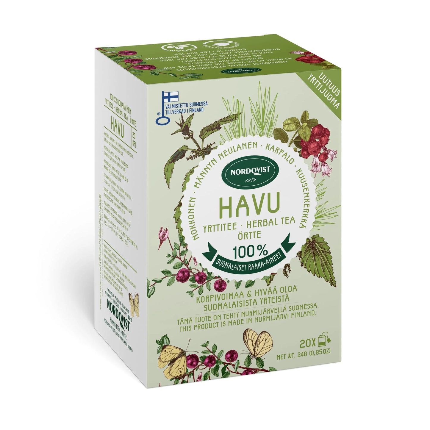 A box of Nordqvist HAVU Pure Herbal Tea by Nordqvist, featuring pine needle, cranberry, and blackcurrant illustrations. The green and white box has Finnish and English text and contains 20 tea bags.